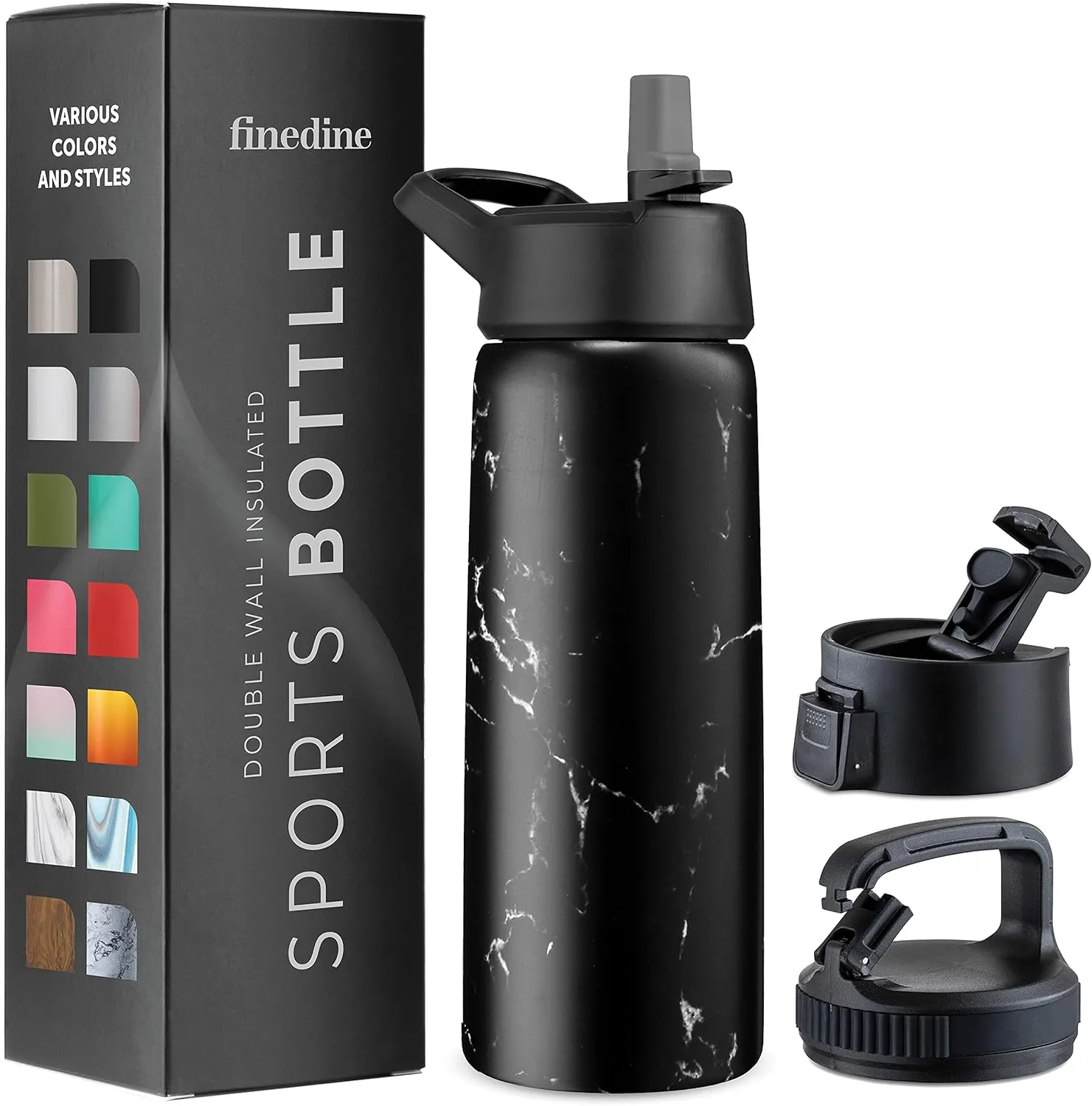 Finedine-double-wall-sports-stainless-steel-water-bottle-3-lids-marble-pattern-black-color-bottle